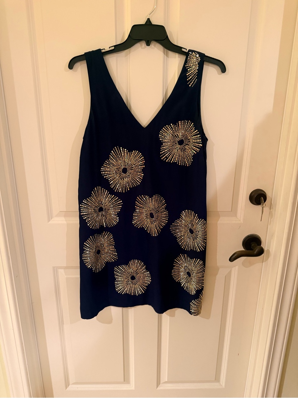 Trina Turk Navy Glitterati Silk Sleeveless V-Neck Dress w Gold Embellishments